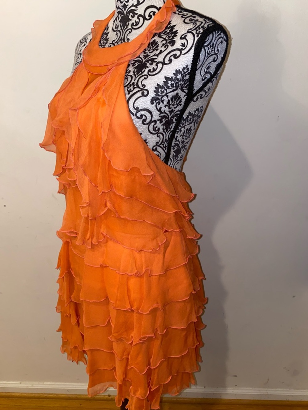Alice + Olivia Coral Silk Chiffon Tiered Ruffle Halter Mini Dress Size Large - Picture 4 of 15